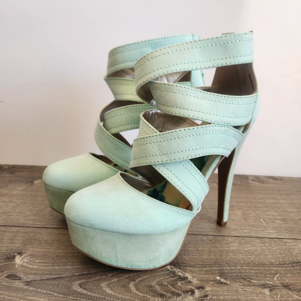 Qupid Strapped Faux Suede Women's Size 7.5 Seafoam Open Toe Stiletto Heel Shoes